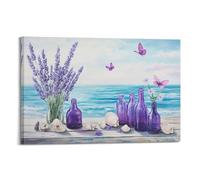 Arte de pared de nube blanca y cielo azul, póster de pinturas colgantes, jarrón floral de lavanda púrpura océano con mariposa, elegante decoración de arte natural para dormitorio, sala de estar, baño