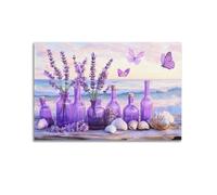 Arte de pared de paisaje natural, póster de pinturas colgantes, jarrón floral de mariposa de lavanda púrpura océano, diseño de nube blanca, adorno estético para el hogar y dormitorio, 30 x 45 cm