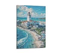 Arte de pared de pueblo costero de faro, impresión viva, póster junto al mar, lienzo animado, decoración enérgica para sala de estar, póster decorativo, lienzo, póster de pared e impresión artística