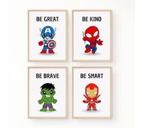 Arte de pared de superhéroes para niños, juego de 4 impresiones con afirmaciones positivas, sé amable, sé valiente, sé inteligente, sé tú, decoración de sala de juegos y decoración de superhéroes (A3)