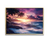 Arte de pared en lienzo de olas de la playa al atardecer Océano tropical Obras de arte Impresiones Pósters de paisajes marinos costeros Decor de pared grande para comedor 80x120cm con marco dorado