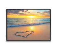 Arte de pared en lienzo de romance playa al atardecer Corazón en imágenes de arena Impresiones arte de puesta de sol costera Decor de pared de paisaje oceánico para estudio 40x60cm con marco negro