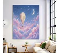 Arte De Pared En Lienzo Globo Aerostático Luna Nubes Marinas, Estilo De Ilustración De Dibujos Animados Cuadros De Salon Para Dormitorio 30×40 cm, Pósteres Sin Marco Para El Hogar Comedor Decor