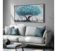 Arte de pared enmarcado grande del árbol de la vida, moderno lienzo de árbol azul, obra de arte de gran naturaleza para sala de estar, dormitorio, comedor, pasillo, chimenea u oficina decoración de
