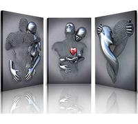 Arte de pared enmarcado para dormitorio, efecto metálico 3D, diseño de corazón y pareja, decoración de pared para sala de estar, 3 piezas, moderno, abstracto, gris, blanco y negro, lienzo, cuadros