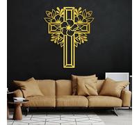 Arte de Pared Exterior con Cruz de Flores Negras de Metal, decoración de Pared Religiosa de línea Abstracta Grande de Metal, Escultura de Arte Moderno para Sala de Estar, Dormitorio, pa