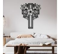 Arte de Pared Exterior con Cruz de Flores Negras de Metal, decoración de Pared Religiosa de línea Abstracta Grande de Metal, Escultura de Arte Moderno para Sala de Estar, Dormitorio, pa