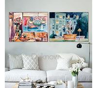 Arte de pared Friends TV Show Fontain Póster de acuarela impresiones 90s Sitcom Central Perk Couch lienzo pintura serie póster decoración 20x35cm (8x14in) x2 sin marco