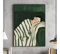 Arte de pared grande con diseño de personas abstractas en verde esmeralda, obra de arte contemporáneo, impresión minimalista, imagen de mujer a rayas para sala de estar (70 x 100 cm/sin marco)