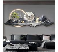 Arte de Pared LED 3D de Metal Negro, Reloj de Metal, decoración de Arte de Pared de Paisaje Chino Oriental, decoración de Arte de Escultura Moderna para Sala de Estar, Dormitorio, Pasillo y