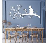 Arte de Pared metálico Minimalista Moderno con diseño de Gato en una Rama. Decoración de Pared con Forma de Rama, Ideal para Sala de Estar, Dormitorio, baño y jardín (Blanco, 90 x 44 cm)