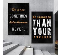 Arte de pared minimalista "Hazlo ahora", motivación para gimnasio, negro, "Sé más fuerte que tus excusas", impresiones, imágenes, decoración para sala de estar (35 x 50 cm, 2 unidades)