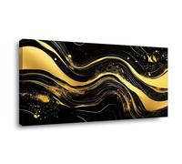 Arte de pared moderno abstracto en dorado y negro, pintura en lienzo, decoración del hogar, imagen enmarcada, obra de arte para sala de estar (30 x 60 cm (12 x 24 pulgadas) con marco)