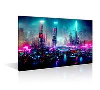 Arte de pared moderno de estilo cyberpunk futurista con luces de neón por la noche, imagen contemporánea impresa sobre lienzo, arte de pared de la ciudad Cyberpunk para dormitorio, enmarcado listo