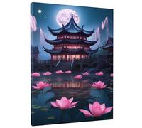 Arte de pared rectangular artístico chino antiguo pabellón hermoso lago luna ambiente de ensueño azul rosa lienzo extraíble impermeable decoración oficina sala de juegos hogar vertical sin marco 20 x