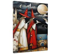 Arte de pared rectangular de bruja, bohemio, abstracto, gente, sombrero mágico, pájaro, luna, nube, castillo, patrón espeluznante, lienzo rojo y gris, extraíble, impermeable, decoración para cocina