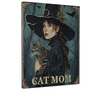 Arte de pared rectangular de bruja con sombrero mágico para pájaro, gato, retro, artístico, árbol, palabra, azul oscuro, negro, lona, decoración impermeable, para colgar en la universidad, sala de