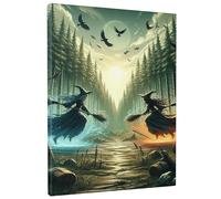 Arte de pared rectangular de bruja, pájaro del bosque, sol, árbol de nube, hojas de bosque, color amarillo claro, gris, lienzo extraíble, decoración para colgar en la sala de juegos, biblioteca, sala