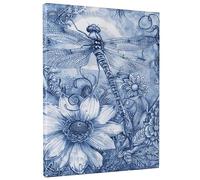 Arte de pared rectangular floral azul, paquete de 1 flor de libélula artística estética pintada a mano, hojas de plantas, lienzo azul, extraíble, decoración para colgar en la guardería, sala de juegos