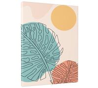 Arte de pared rectangular tropical pintado a mano con patrón de líneas de hojas, sol, abstracto, artístico, bohemio, azul, rosa, amarillo, decoración impermeable, para colgar la universidad, sala de