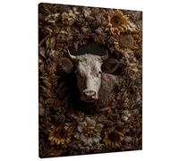 Arte de pared rústico floral de vaca, estampado de corona de flores marrones y beige, decoración del hogar de estilo rústico para sala de estar, cocina, oficina, toque estético, 8 x 12 pulgadas