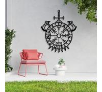 Arte de Pared Vikingo de Metal Negro, decoración nórdica de Pared con Escudo de Metal Vegvisir, Escultura de Arte Moderno para Sala de Estar, Dormitorio, Pasillo y Calle.