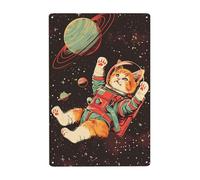 Arte de pared vintage, divertido gatito flotando en el espacio, cartel metálico decorativo, letrero de hojalata de metal con diseño de gato, decoración de pared de metal para el hogar, bar, sala de es