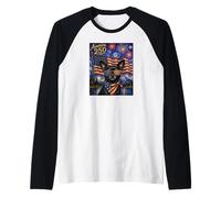 Arte de Perro Chihuahua Negro sobre América 250, Bandera Estadounidense del 4 de Julio Camiseta Manga Raglan