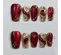 Arte de uñas hecho a mano Nuevo rojo ojo de gato Año Nuevo uñas postizas largas puntas de uñas reutilizables cubierta completa brillo (Color : L)