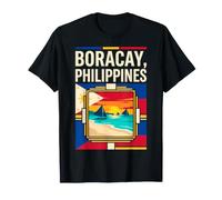 Arte de Viaje Retro con la Bandera de la Costa Filipina de Boracay, Puesta de Sol Camiseta