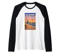 Arte de Viaje Vintage del Lago Michigan, Faro de San José, MI Camiseta Manga Raglan