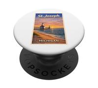 Arte de Viaje Vintage del Lago Michigan, Faro de San José, MI PopSockets PopGrip Adhesivo