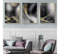 Arte Decoración-Cuadro Abstracto Nórdico de Líneas Amarillas Sobre Lienzo Con Fondo Negro y Gris Póster Impreso Pared Ideal Sala de Estar Oficina O Decoración del Hogar-40 * 50cm-3PCS (Sin marco)