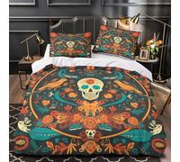 Arte del Día de Muertos Impresión 3D 3 piezas funda de colchón estilo folklórico mexicano funda de edredón microfibra cierre cremallera antiácaros para bebés adolescentes adultos Double（200x200cm）