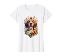 Arte del Perro Coonhound inglés Americano Summer Daisy Wildflowers Camiseta gráfica económica, Mujer, Blanco, XS