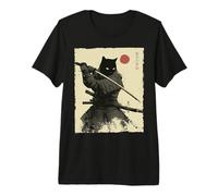 Arte en Tinta Samurai Cat Warrior Ink Kawaii Anime Cat Samurai Camiseta Premium