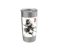 Arte en tinta Samurai Cat Warrior Ink Kawaii Anime Cat Samurai Vaso térmico de acero inoxidable de doble pared