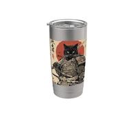 Arte en tinta Samurai Cat Warrior Ink Kawaii Anime Cat Samurai Vaso térmico de acero inoxidable de doble pared