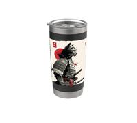 Arte en tinta Samurai Cat Warrior Ink Kawaii Anime Cat Samurai Vaso térmico de acero inoxidable de doble pared