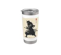 Arte en tinta Samurai Cat Warrior Ink Kawaii Anime Cat Samurai Vaso térmico de acero inoxidable de doble pared