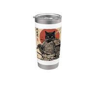 Arte en tinta Samurai Cat Warrior Ink Kawaii Anime Cat Samurai Vaso térmico de acero inoxidable de doble pared