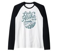 Arte en Vivo de Aloha Shaka Surf Wave Hibiscus Hawaii Diamondhead Camiseta Manga Raglan