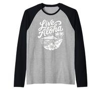Arte en Vivo de Aloha Shaka Surf Wave Hibiscus Hawaii Diamondhead Camiseta Manga Raglan