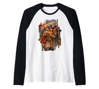 Arte épico de Ciencia ficción Fuego T-Rex y Aventurero Espacial Camiseta Manga Raglan
