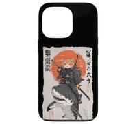 Arte épico de un gato ninja montando tiburones, divertido ukiyo-e japonés Carcasa para iPhone 13 Pro