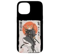Arte épico de un gato ninja montando tiburones, divertido ukiyo-e japonés Carcasa para iPhone 15