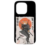 Arte épico de un gato ninja montando tiburones, divertido ukiyo-e japonés Carcasa para iPhone 15 Pro