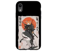 Arte épico de un gato ninja montando tiburones, divertido ukiyo-e japonés Carcasa para iPhone XR