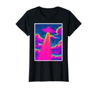 Arte Espacial Retro de Ciencia ficción con secuestro de ovnis Camiseta gráfica económica, Mujer, Negro, L