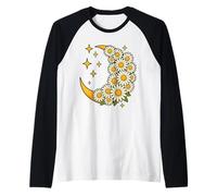 Arte estético floral bohemio de Daisy Moon Crescent con estrellas Camiseta Manga Raglan